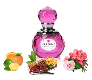 Image of Bottle of perfume, flowers and spices on white background 