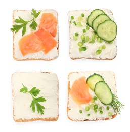 Top view of toasted bread with tasty cream cheese, salmon and cucumber on white background, collage