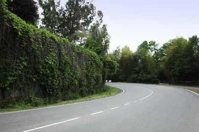 Picturesque view of asphalted roadway near beautiful trees and hedge