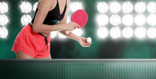 Young woman playing ping pong, space for text. Banner design
