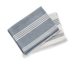 Two striped kitchen towels isolated on white, top view