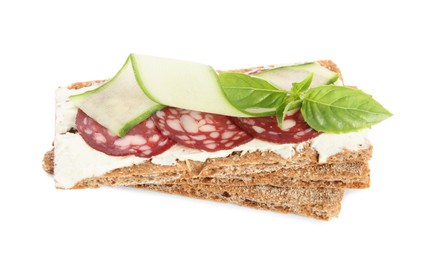 Photo of Fresh rye crispbreads with salami, cream cheese and cucumber on white background