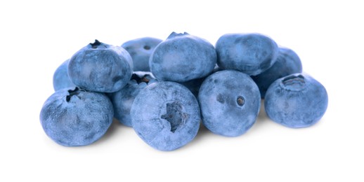 Pile of tasty fresh ripe blueberries on white background