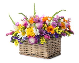 Photo of Wicker basket with beautiful wild flowers on white background
