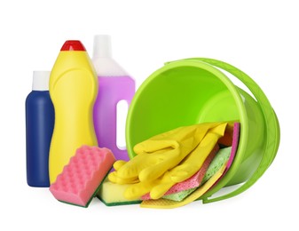 Set of different cleaning supplies and tools on white background