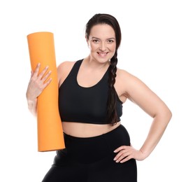 Photo of Happy overweight woman with yoga mat on white background