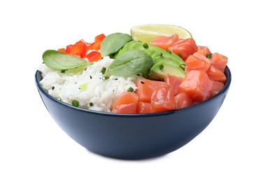 Delicious poke bowl with salmon, spinach and avocado isolated on white