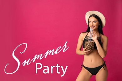 Summer party. Beautiful young woman in black bikini with cocktail on pink background