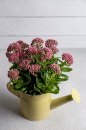 Photo of Beautiful bouquet of pink wildflowers in watering can on white table