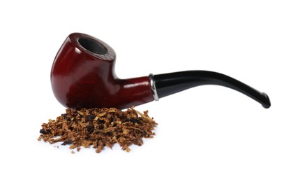 Pile of tobacco and smoking pipe on white background
