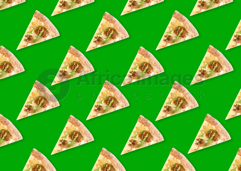 Slices of delicious cheese pizzas on green background, flat lay. Seamless pattern design