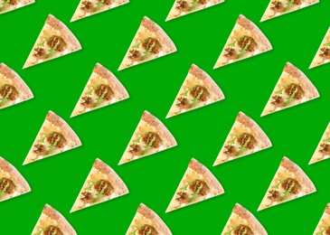 Slices of delicious cheese pizzas on green background, flat lay. Seamless pattern design