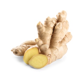 Whole and cut fresh ginger isolated on white