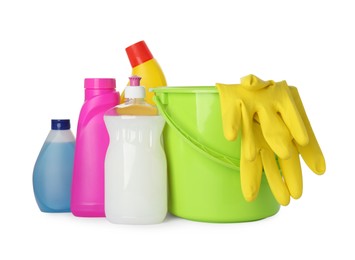 Set of different cleaning supplies and tools on white background