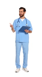 Full length portrait of doctor with clipboard on white background