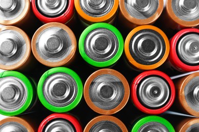 Photo of Many different batteries as background, top view