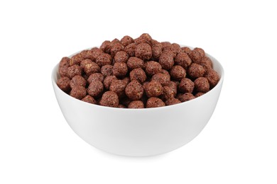 Bowl of sweet crispy corn balls on white background. Breakfast cereal
