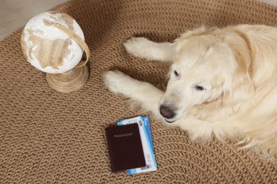 Cute golden retriever lying near passport, tickets and globe on floor at home, above view. Travelling with pet