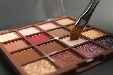 Colorful eyeshadow palette with brush, closeup view