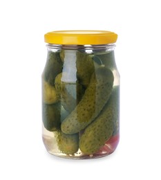 Photo of Jar of tasty pickled cucumbers isolated on white