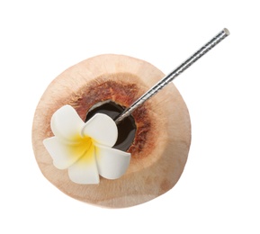 Young peeled coconut with straw and beautiful flower isolated on white, top view