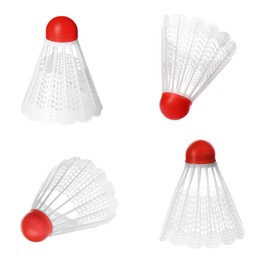 Set with badminton shuttlecocks on white background