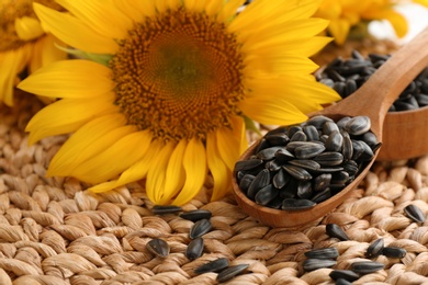 Spoon with sunflower seeds on wicker mat, closeup