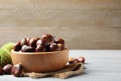 Photo of Fresh sweet edible chestnuts on grey wooden table. Space for text