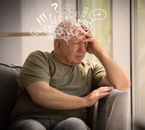 Senior man suffering from dementia at home. Illustration of messy thoughts during cognitive impairment