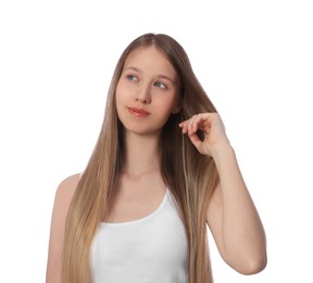 Teenage girl with strong healthy hair on white background