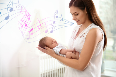 Image of Flying music notes and young woman and her newborn baby at home. Lullaby songs 