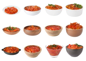 Image of Collage of lecho in dishware on white background