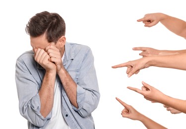Photo of People bullying scared man on white background