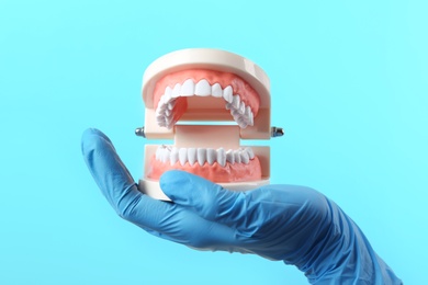 Dentist holding educational model of oral cavity with teeth on color background