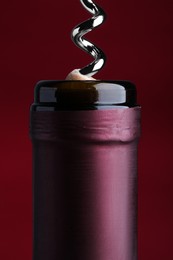Opening bottle of wine with corkscrew on burgundy background, closeup
