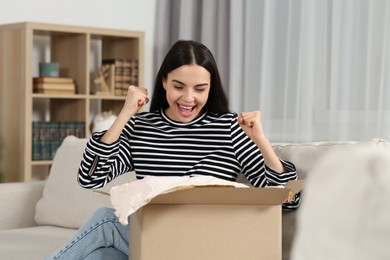 Photo of Emotional young woman with parcel at home. Internet shopping