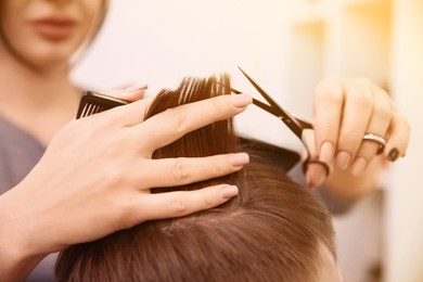 Image of Professional female hairdresser working with client in salon