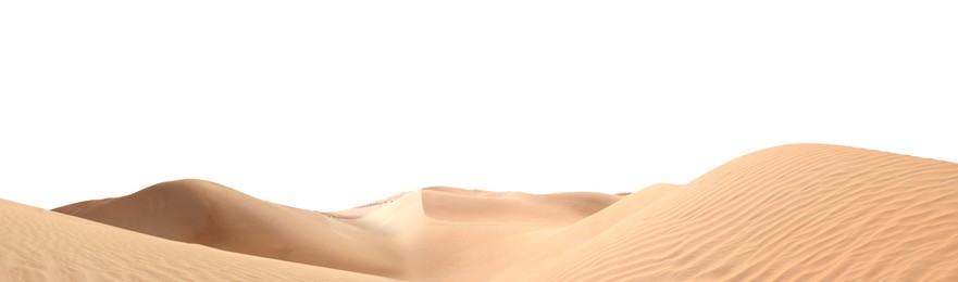 Sand dunes on white background, banner design. Wild desert 