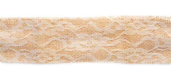 Photo of Strip of burlap fabric with lace on white background