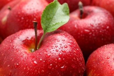 Delicious ripe red apples with water drops as background, closeup