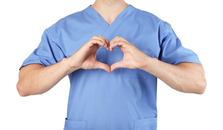 Doctor making heart with hands on white background, closeup
