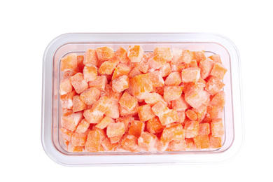 Frozen carrots in plastic container isolated on white, top view. Vegetable preservation
