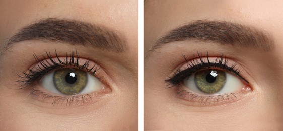Collage with photos of young woman before and after getting permanent eyeliner makeup, closeup. Banner design