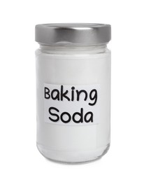 Closed jar of baking soda isolated on white
