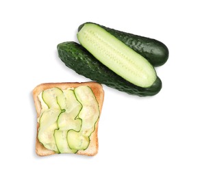 Delicious toast with cream cheese and cucumber isolated on white, top view