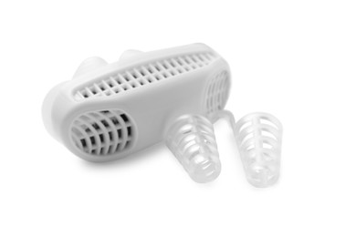 Different anti-snoring devices for nose on white background