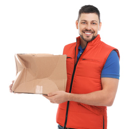 Courier with damaged cardboard box on white background. Poor quality delivery service