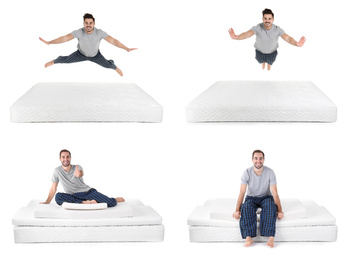 Collage with photos of young men and mattresses on white background