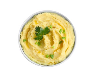 Bowl of tasty mashed potatoes with parsley and green onion isolated on white, top view