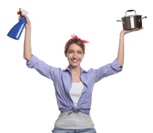 Young housewife with pot and detergent on white background